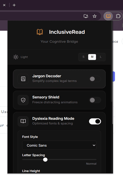 Extension popup showing accessibility controls and settings.