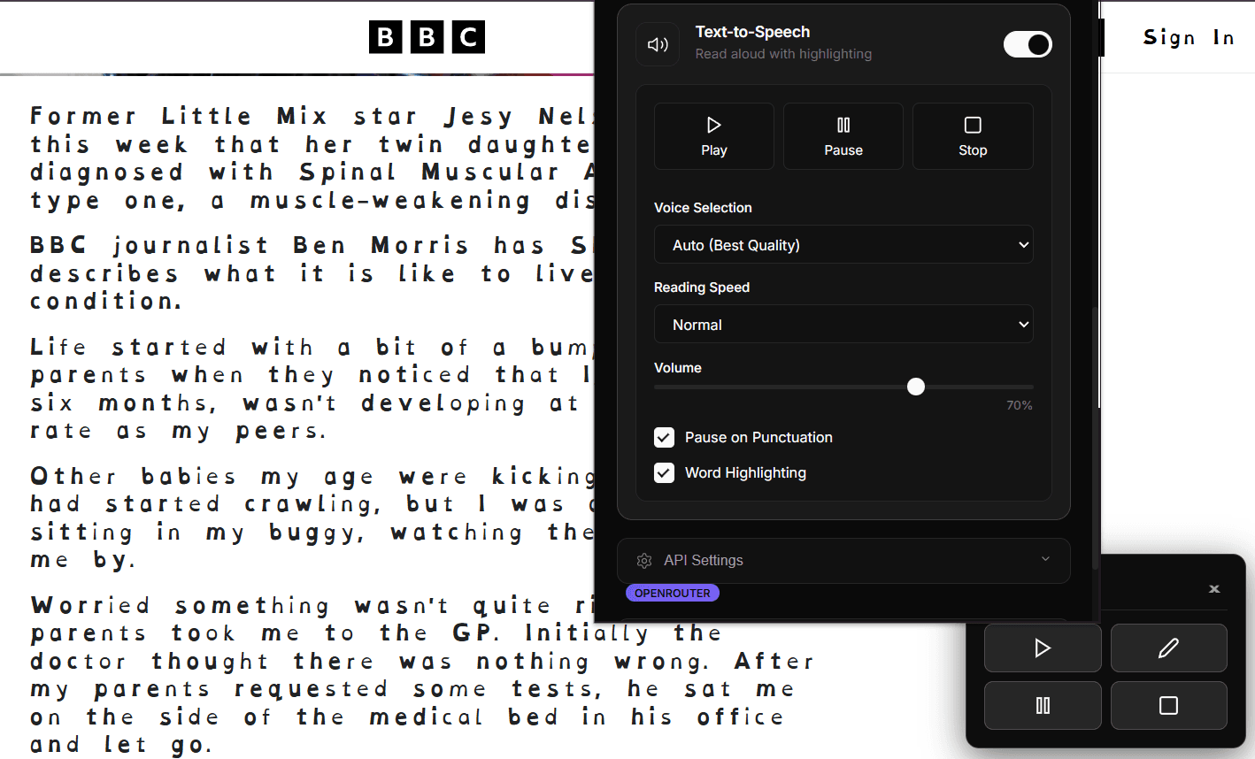 Text-to-speech feature in action with audio controls visible.